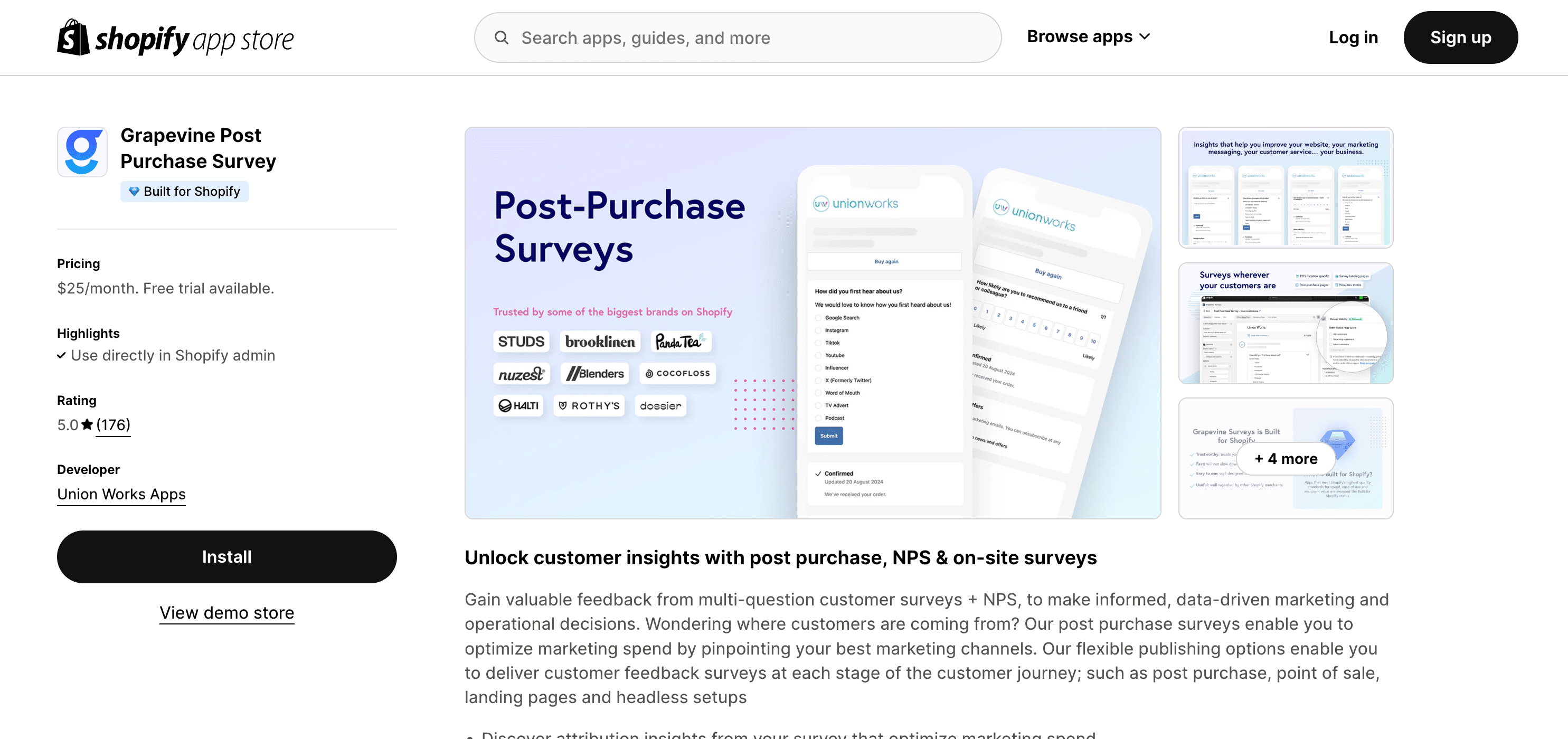 Grapevine app displaying post-purchase feedback collection tools.