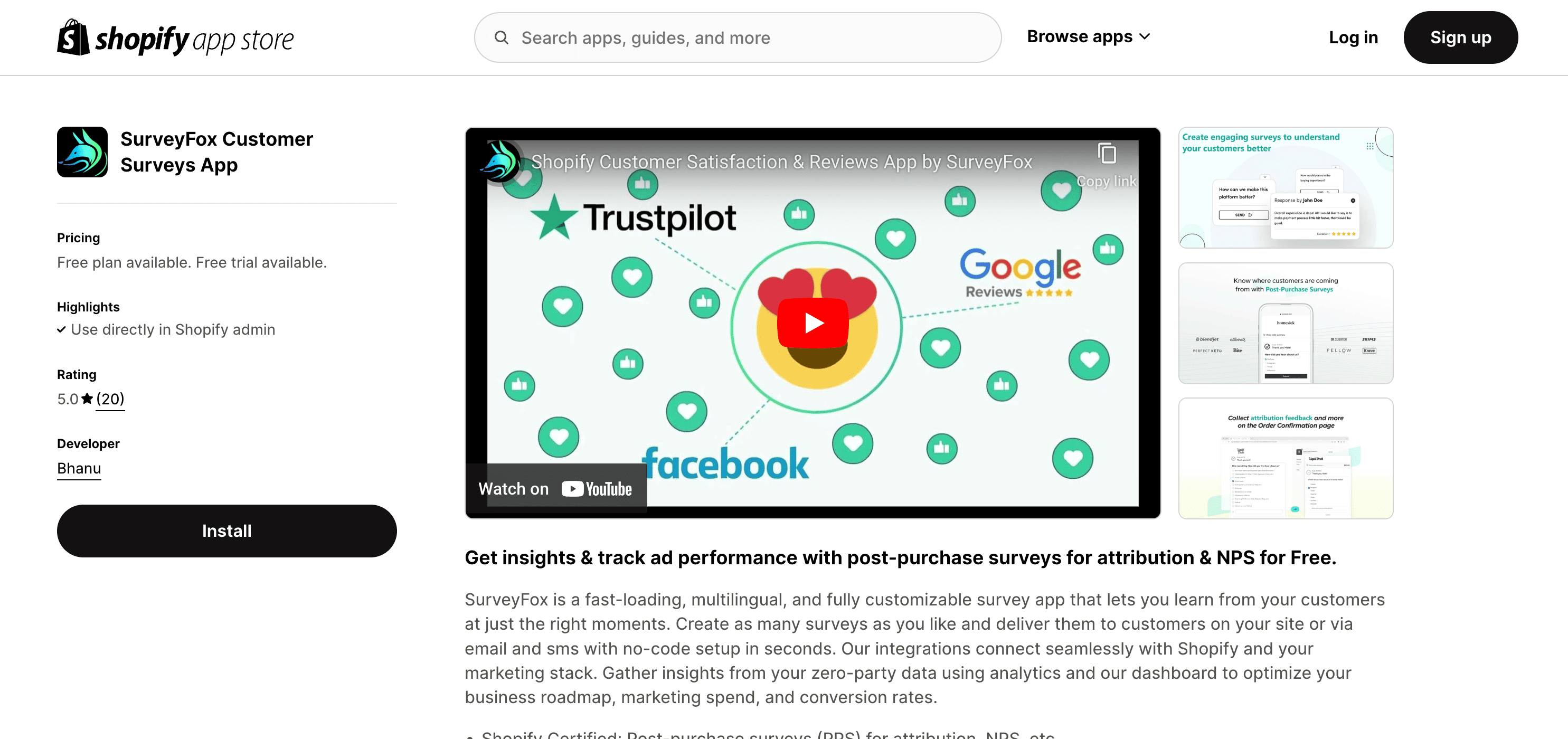 SurveyFox app features for post-purchase insights and SMS surveys.